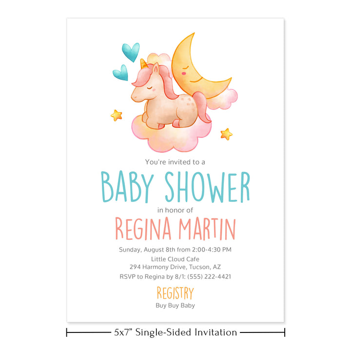 Unicorn, Clouds, and Moon Baby Shower Invitations