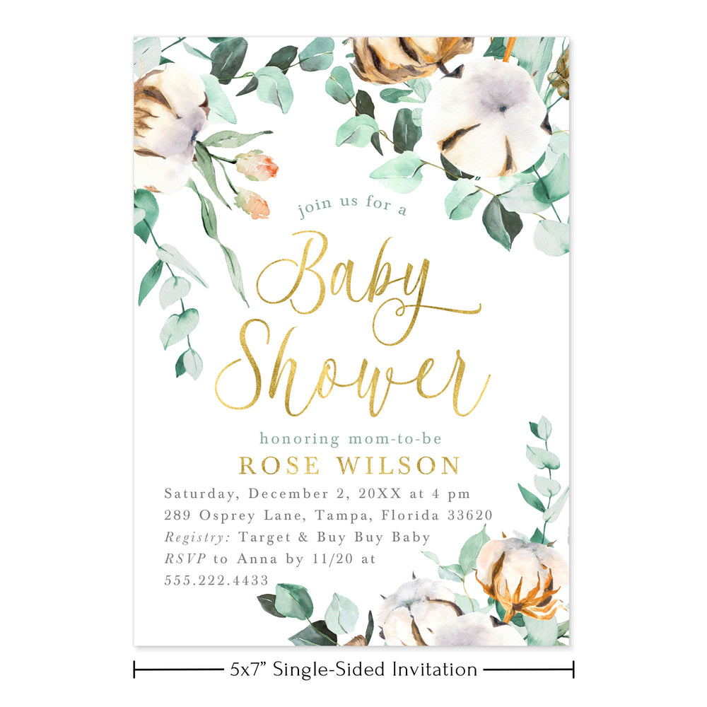 Eucalyptus and Cotton Baby Shower Invitations