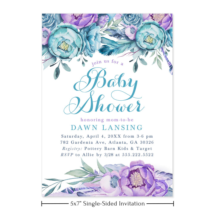 Boho Purple and Blue Floral Baby Shower Invitations