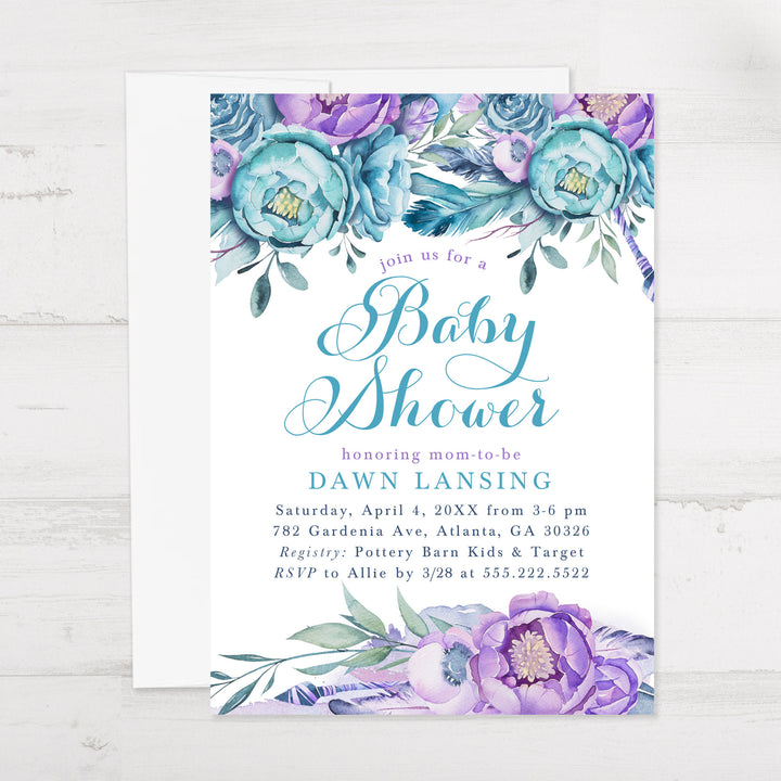 Boho Purple and Blue Floral Baby Shower Invitations