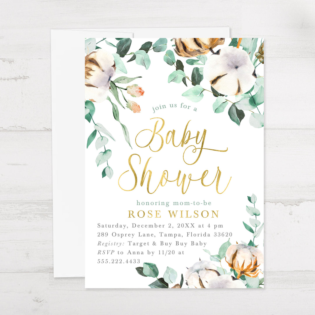 Eucalyptus and Cotton Baby Shower Invitations