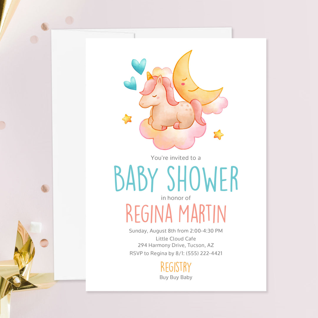 Unicorn, Clouds, and Moon Baby Shower Invitations