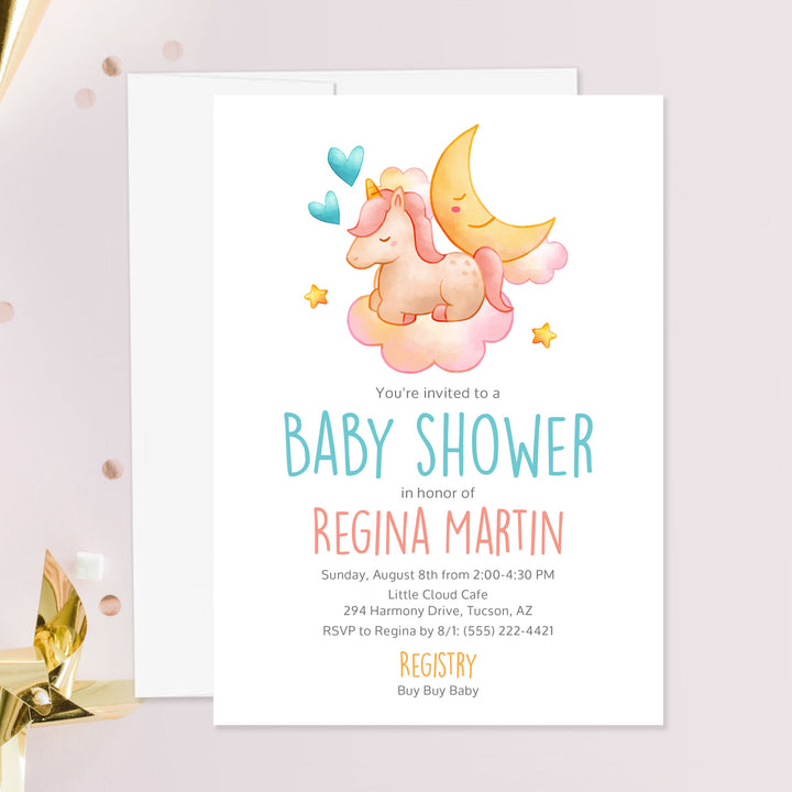Unicorn, Clouds, and Moon Baby Shower Invitations