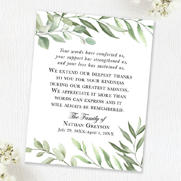 Elegant sympathy thank you cards personalized with your loved one's name.