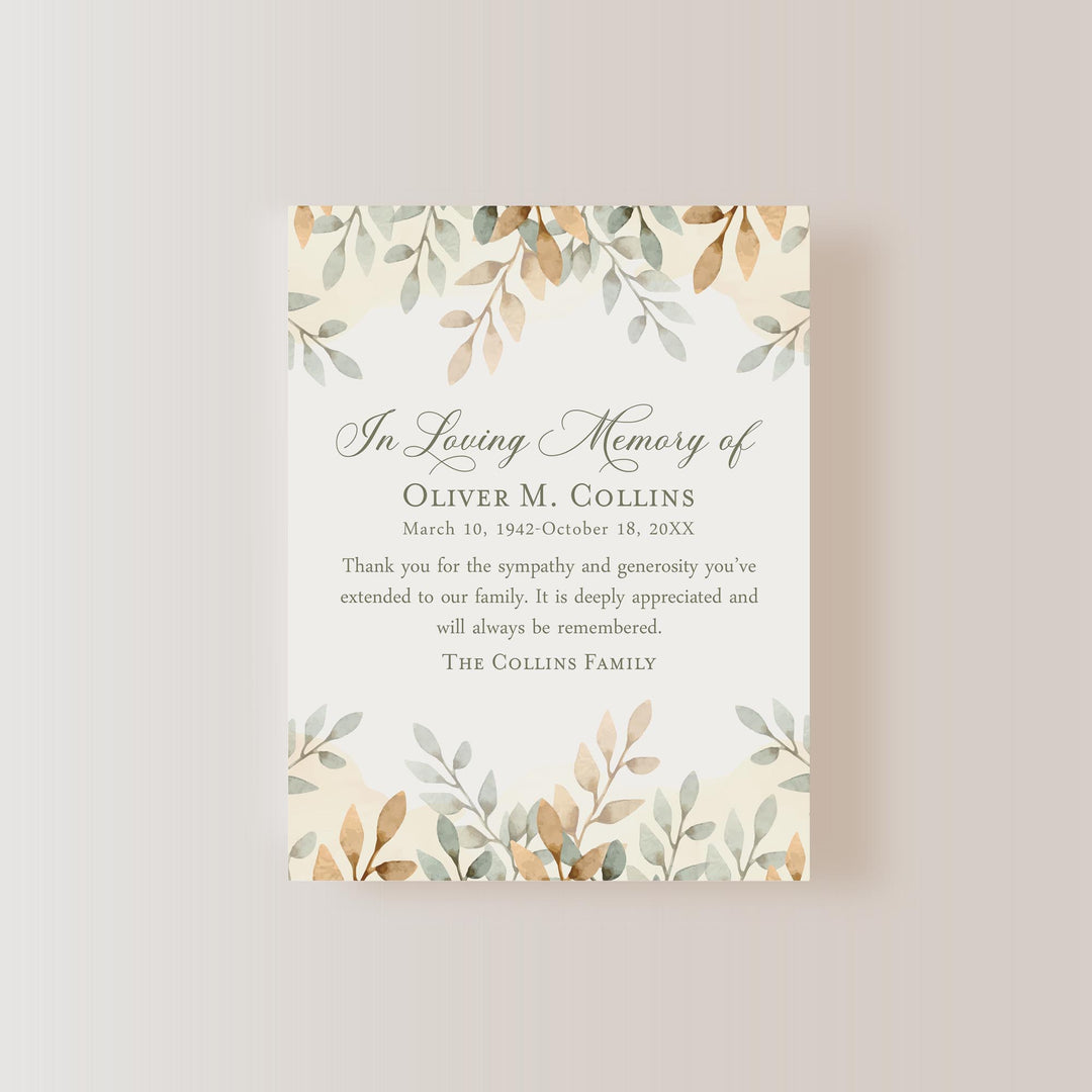 Green And Gold Leaves Sympathy Thank You Cards