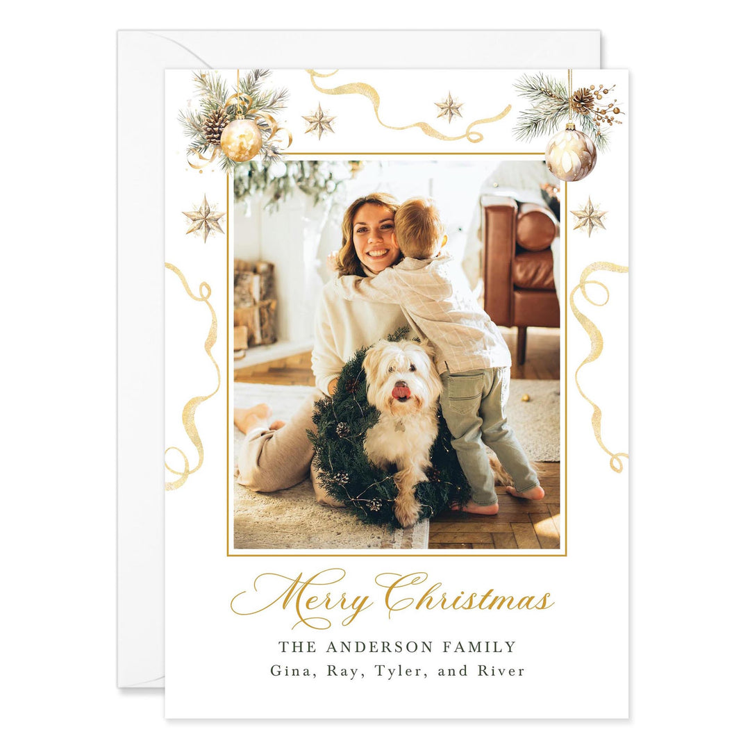 Christmas card with a photo of a woman and child with a dog, surrounded by festive decorations.