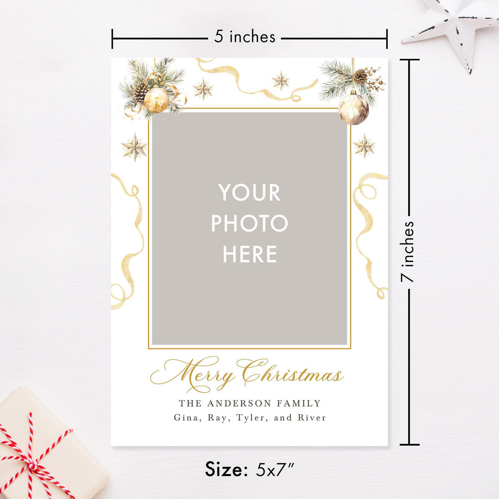 Christmas-themed photo frame with decorative elements and dimensions on a white background