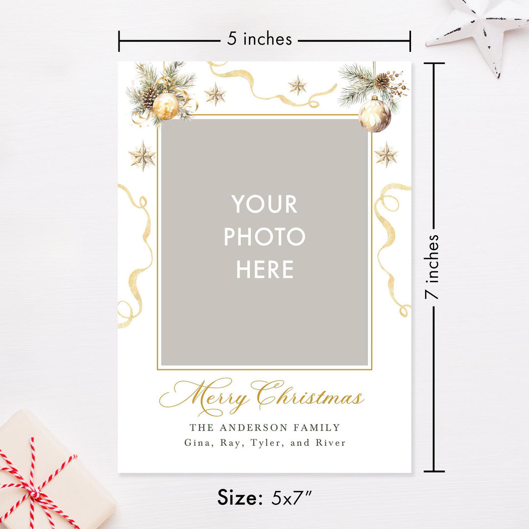 Christmas-themed photo frame with decorative elements and dimensions on a white background