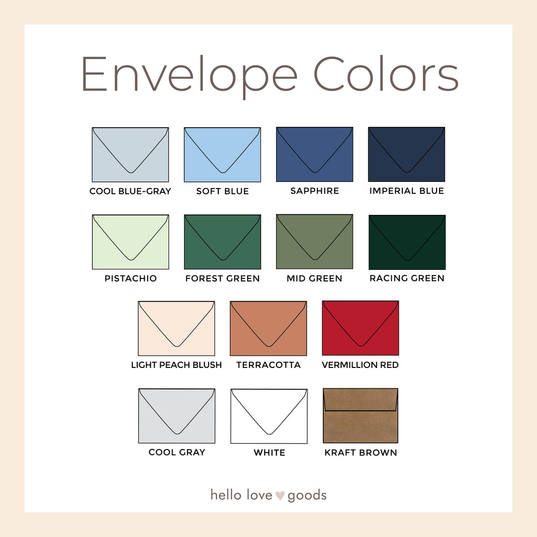 Color chart of envelope colors with labels on a beige background