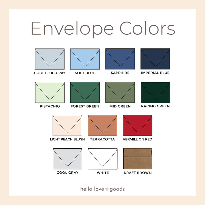 Color chart of envelope colors with labels on a beige background