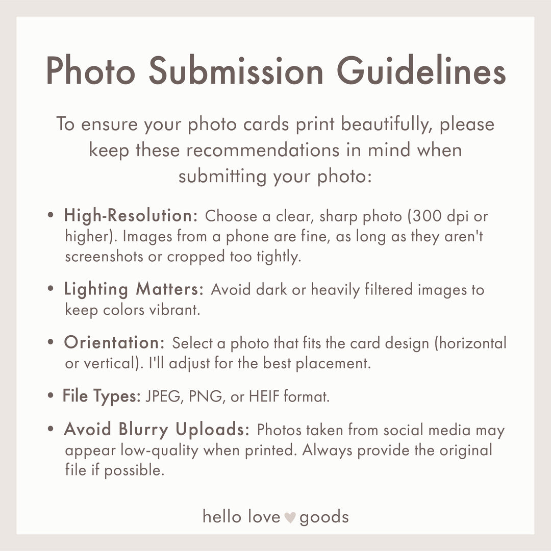 Text-based photo submission guidelines for card design on a light gray background
