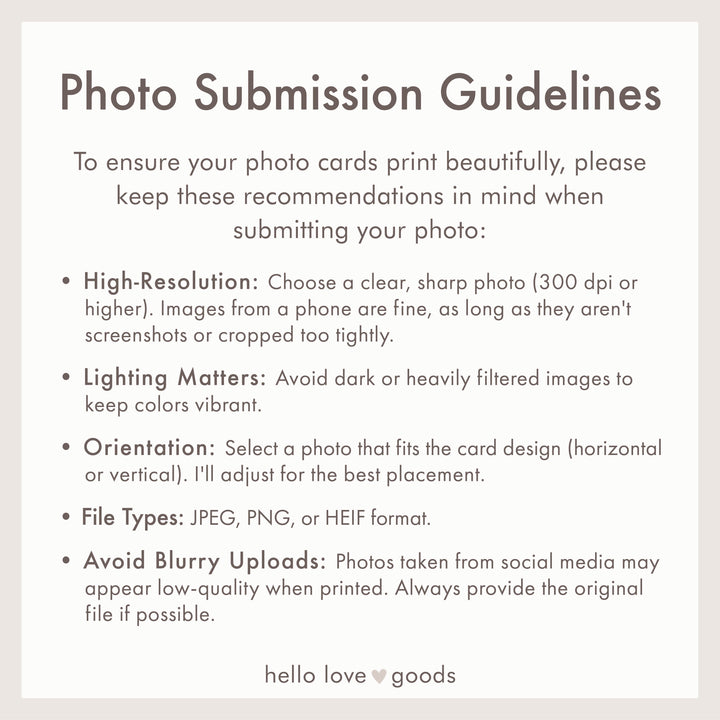 Text-based photo submission guidelines for card design on a light gray background
