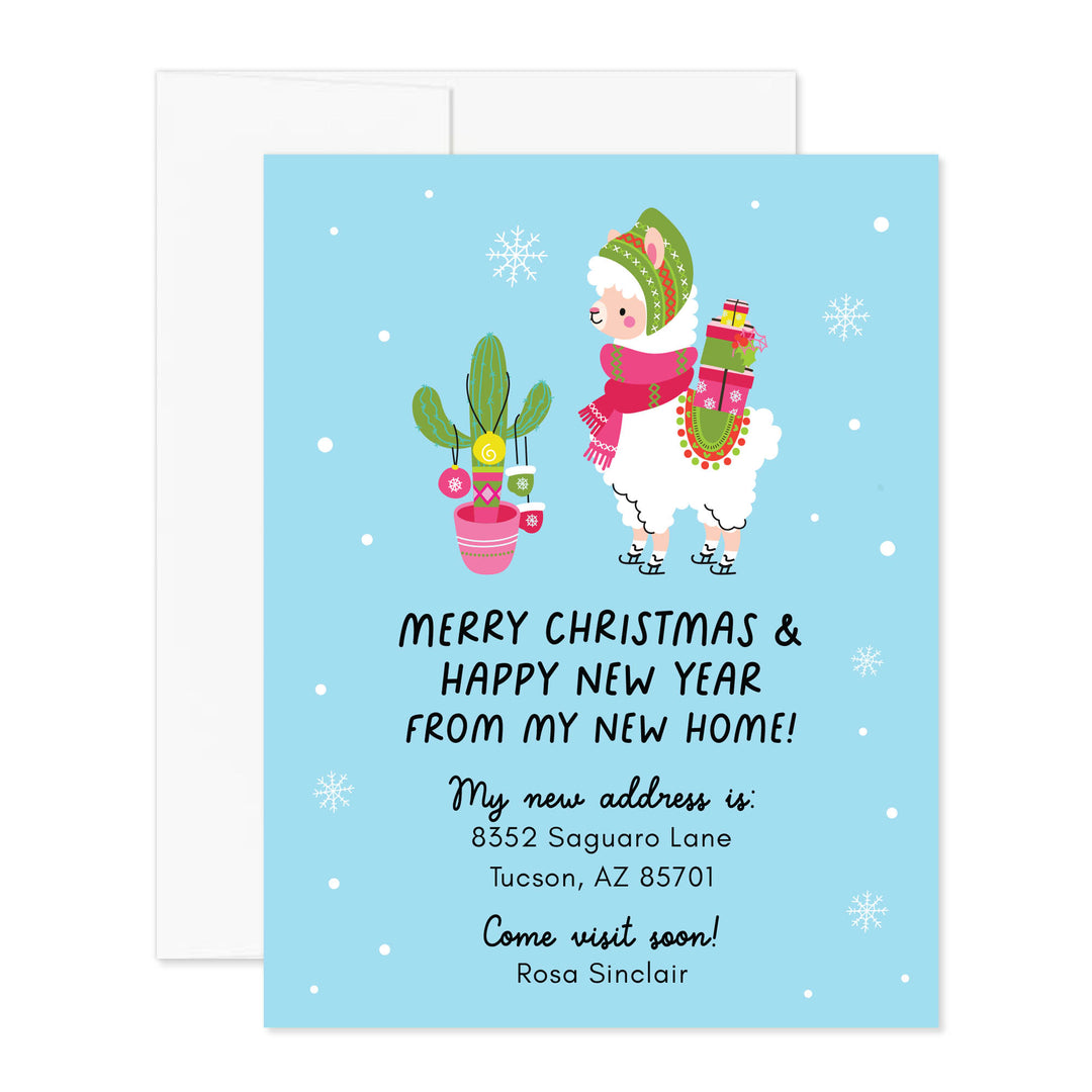 llamaandcactusholidaymovingannouncements1 christmas llama and cactus moving announcement flat cards