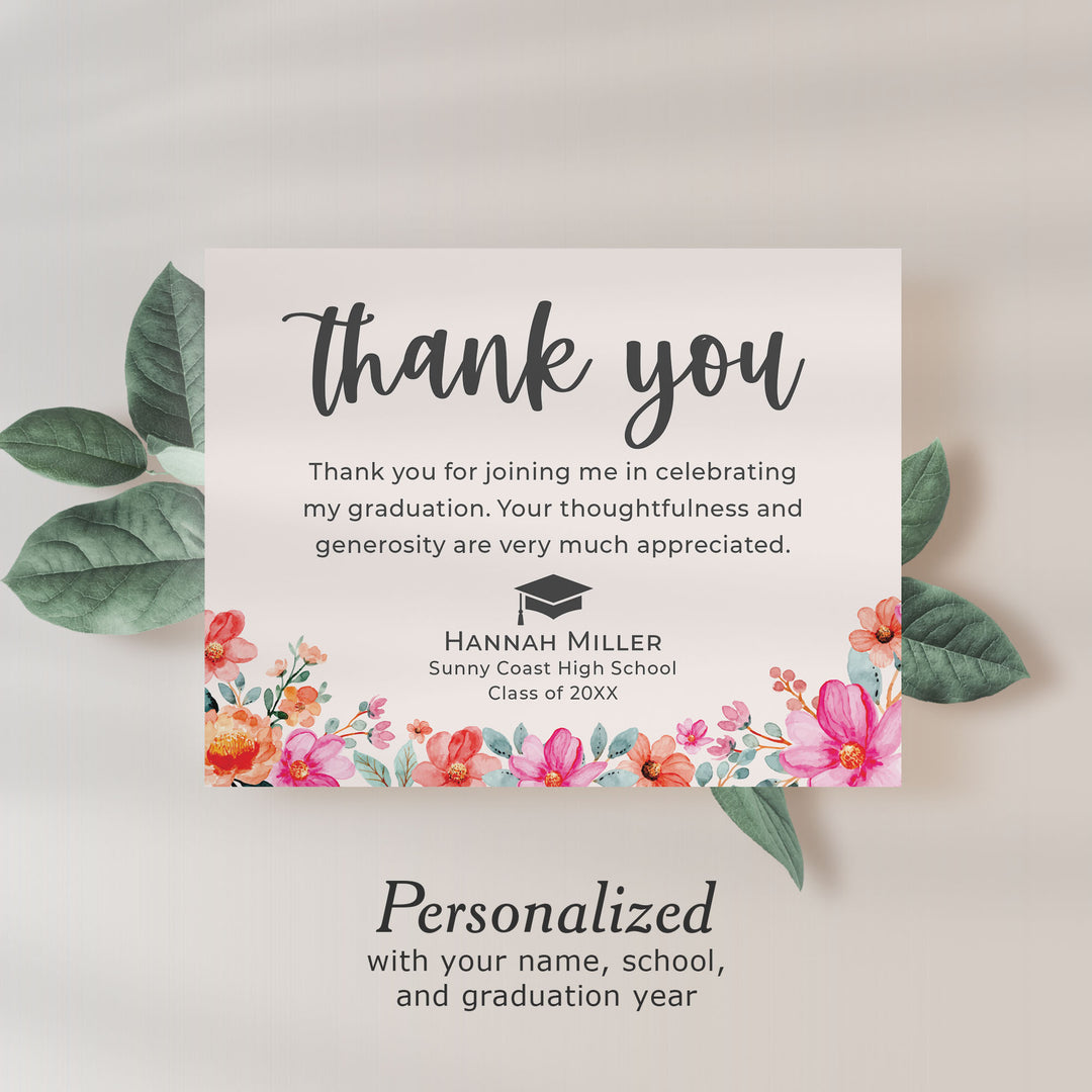 Modern Pink and Orange Flowers Graduation Thank You Cards