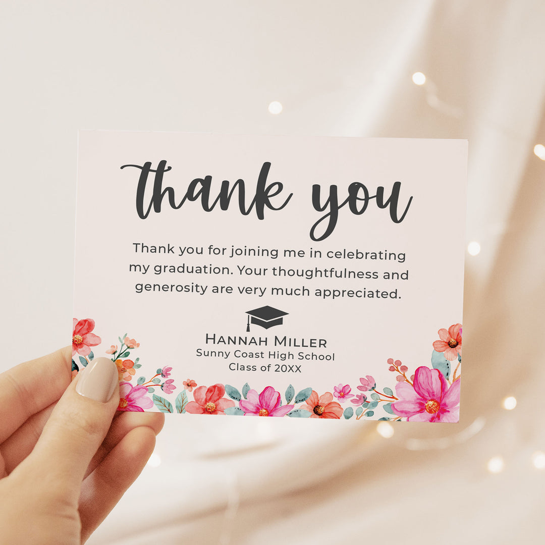 Modern Pink and Orange Flowers Graduation Thank You Cards