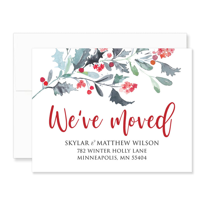 Personalized holly and berry moving announcement cards with envelopes.