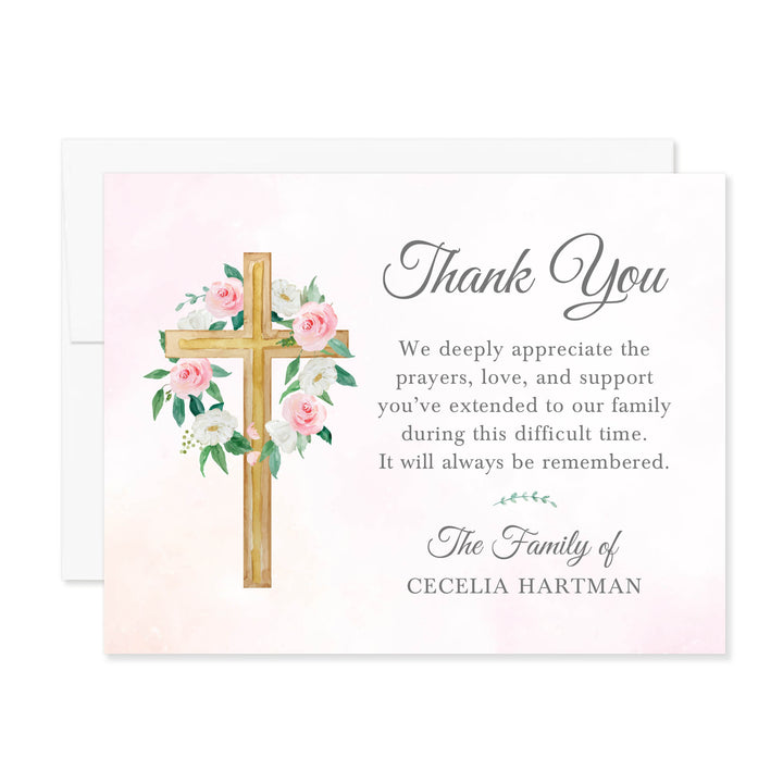 Pink And White Floral Cross Funeral Thank You Cards