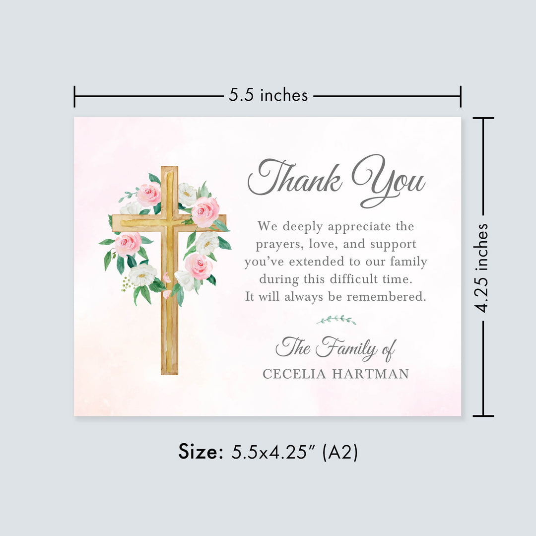 Pink And White Floral Cross Funeral Thank You Cards