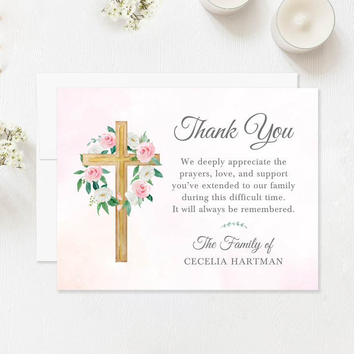 Pink And White Floral Cross Funeral Thank You Cards