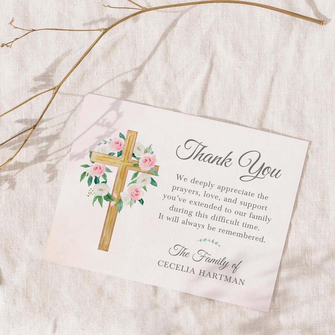 Pink And White Floral Cross Funeral Thank You Cards