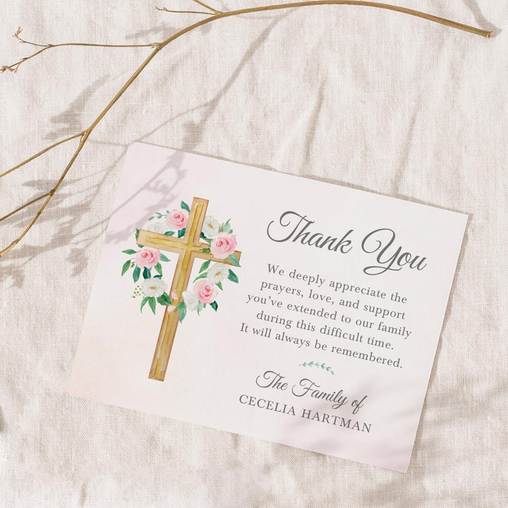 Pink And White Floral Cross Funeral Thank You Cards