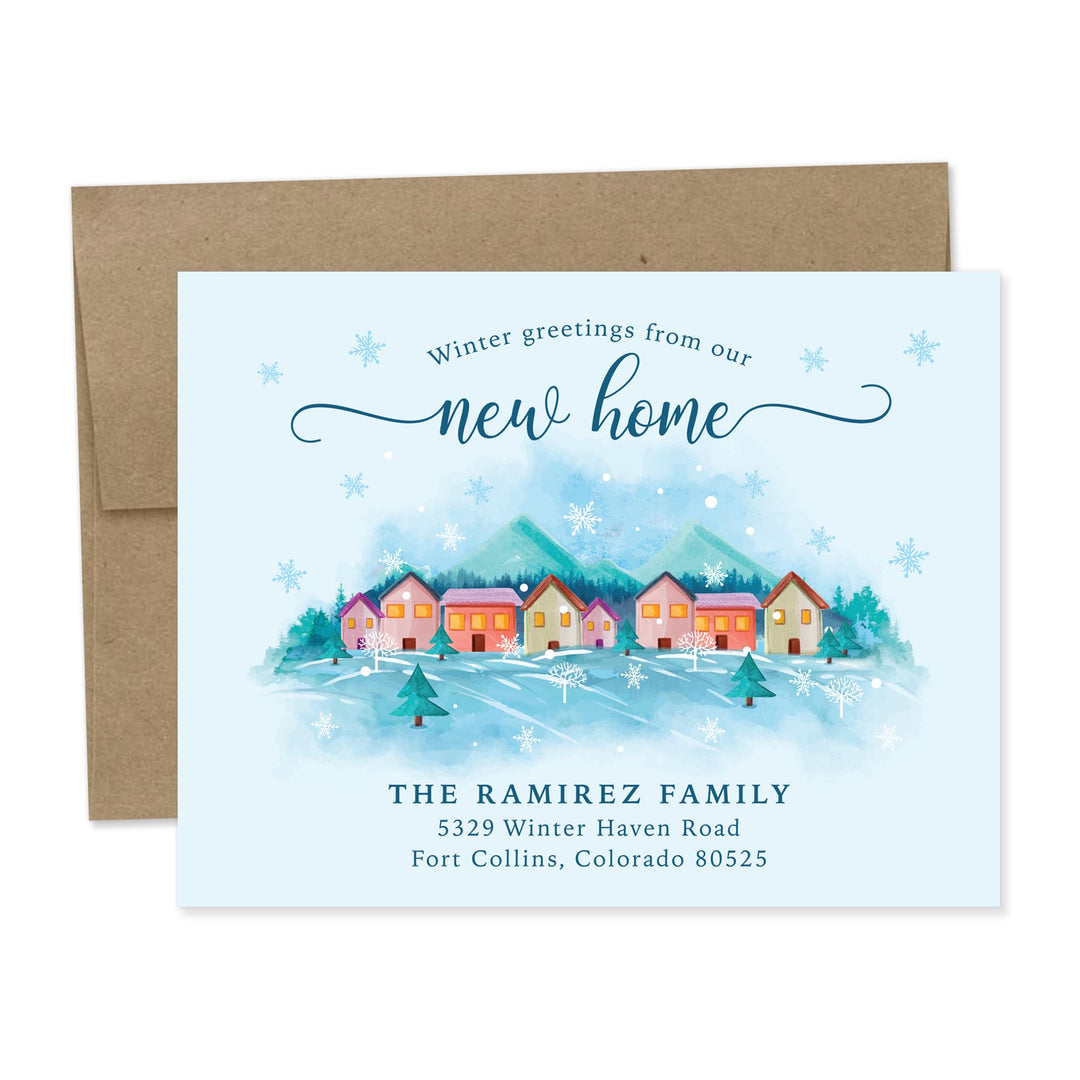 Snowy Winter Mountain Home Moving Announcement