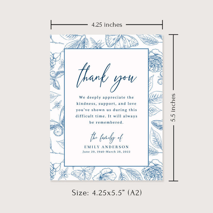 Vintage Blue Butterfly Funeral Thank You Cards