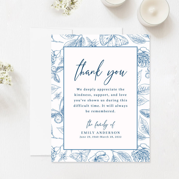 Vintage Blue Butterfly Funeral Thank You Cards