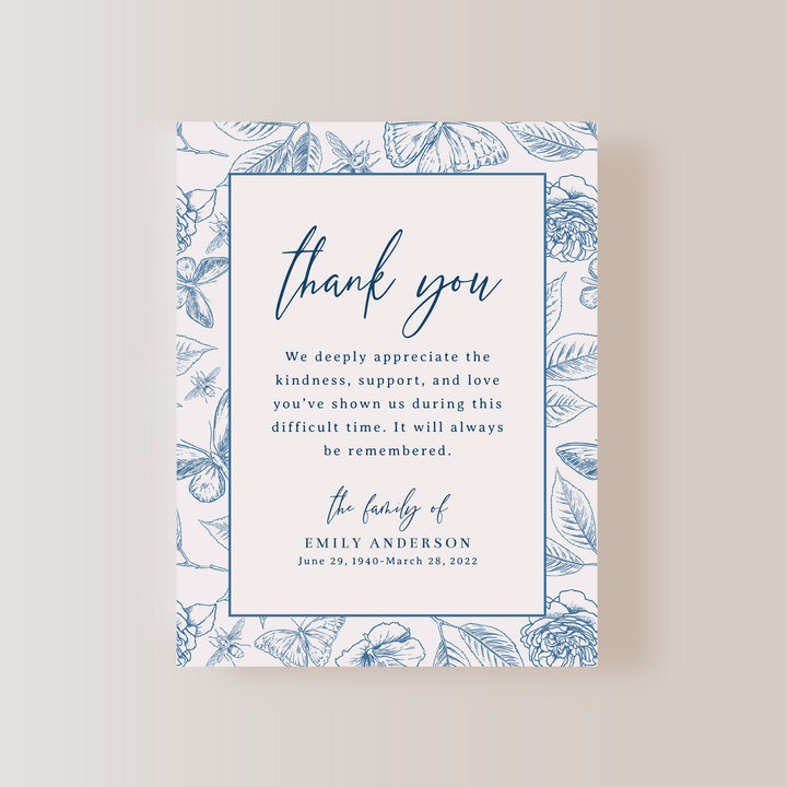 Vintage Blue Butterfly Funeral Thank You Cards