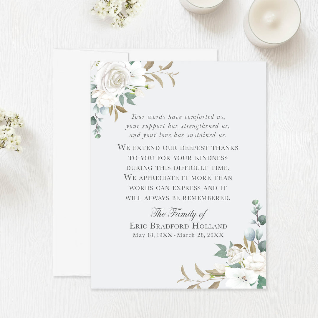 white floral and gray funeral card