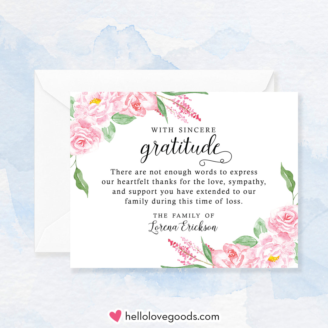 Sympathy thank you notecards with watercolor pink flowers