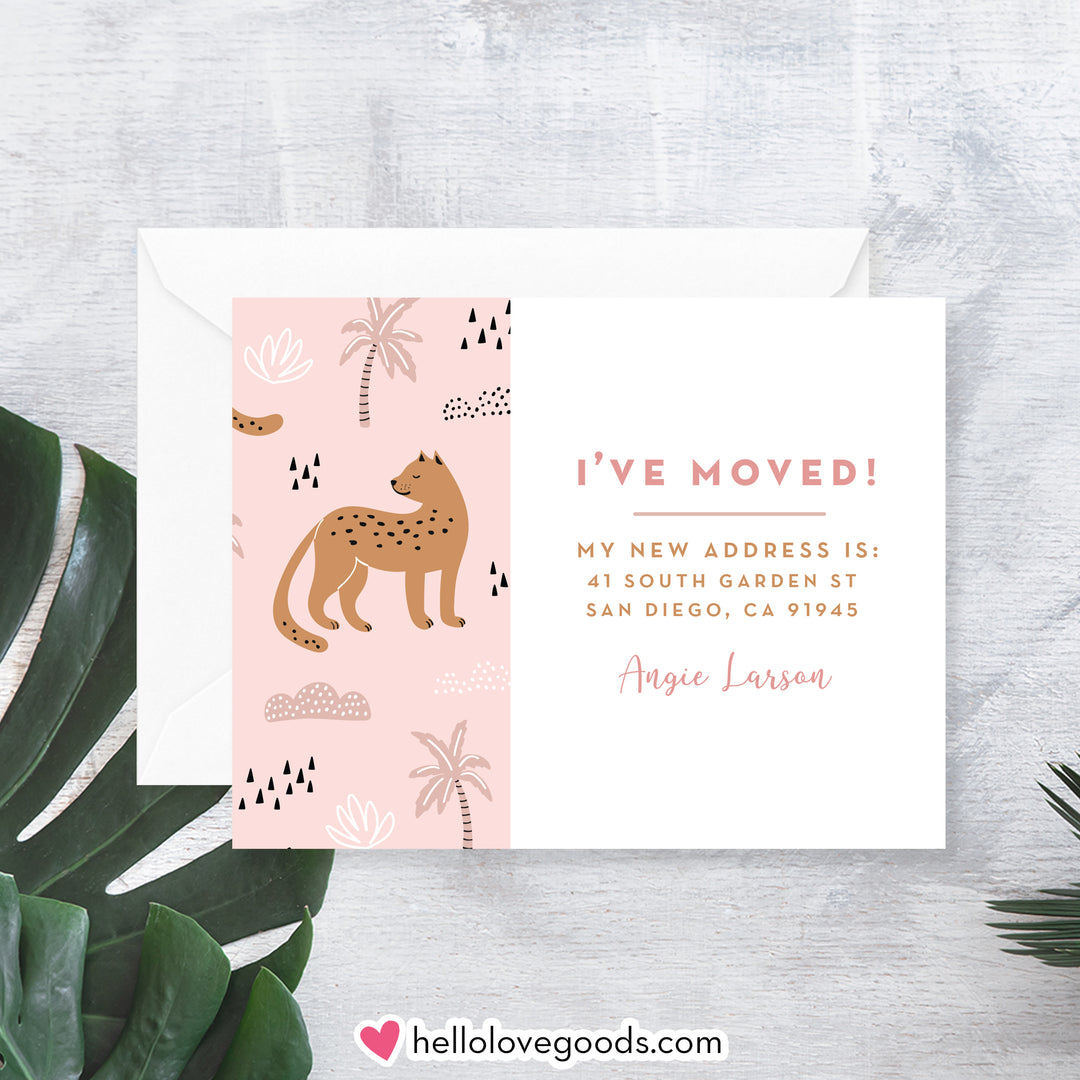 Leopard and palm tree moving announcement cards