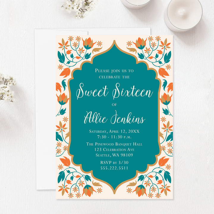 Deep Teal and Orange Floral Sweet 16 Birthday Invitations
