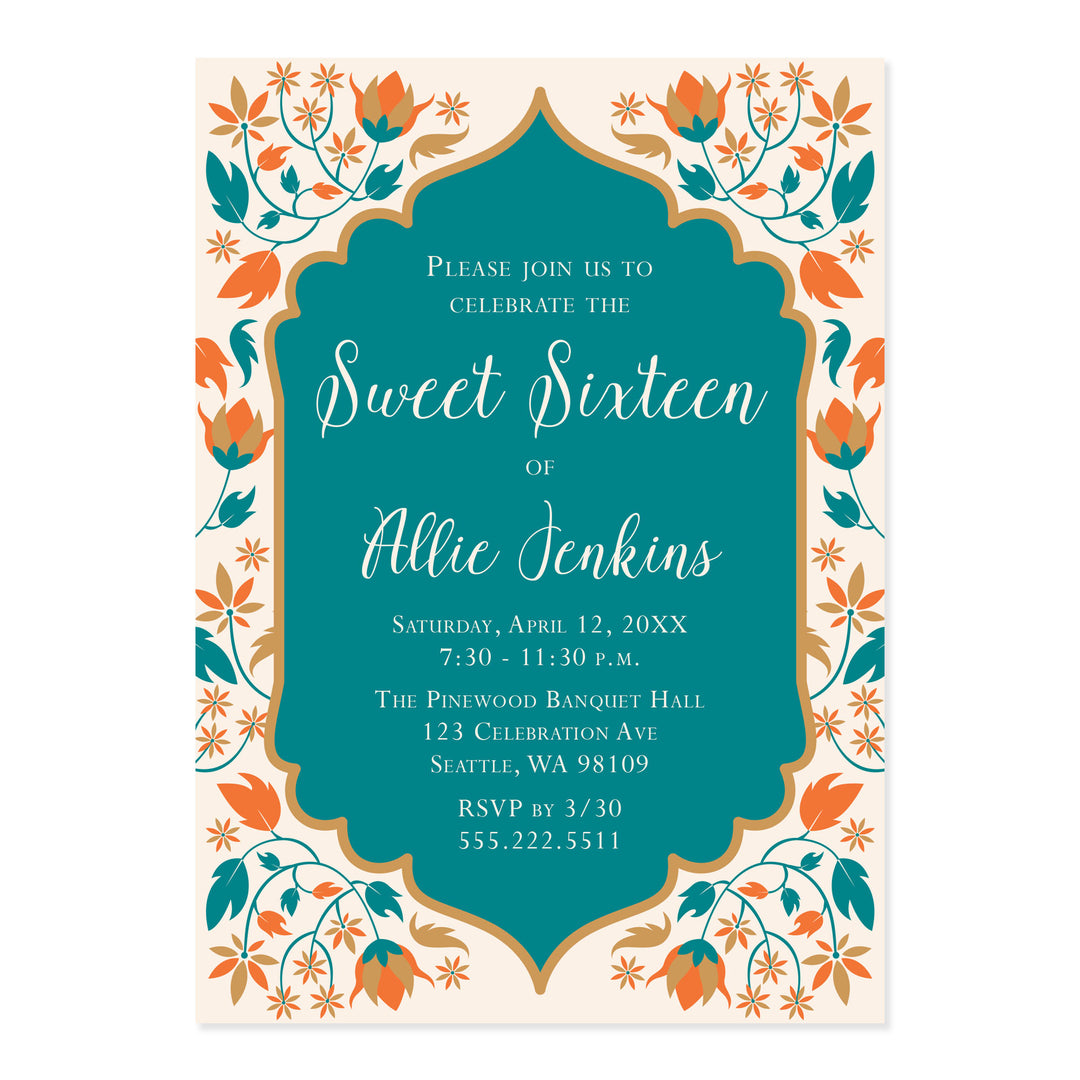 Deep Teal and Orange Floral Sweet 16 Birthday Invitations