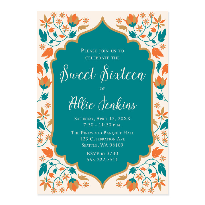 Deep Teal and Orange Floral Sweet 16 Birthday Invitations